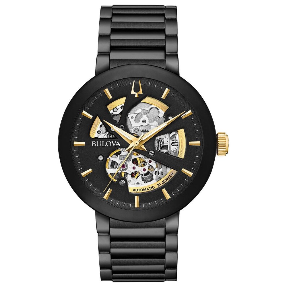 Bulova Men's Black Skeleton Gold Accent Watch